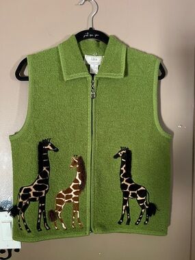 Lisa International Green Fleece Vest with Giraffe Appliqués
